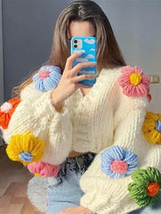 Taruxy Handmade Crochet Flower Cardigans Coats Women Sweater 2022 Autumn Lantern Sleeve Button High Street Sweet Tops Pull Mujer