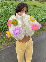 Taruxy Handmade Crochet Flower Cardigans Coats Women Sweater 2022 Autumn Lantern Sleeve Button High Street Sweet Tops Pull Mujer