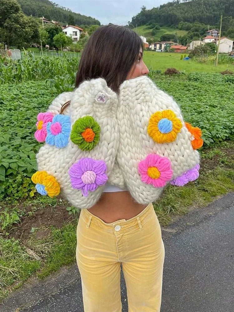 Taruxy Handmade Crochet Flower Cardigans Coats Women Sweater 2022 Autumn Lantern Sleeve Button High Street Sweet Tops Pull Mujer