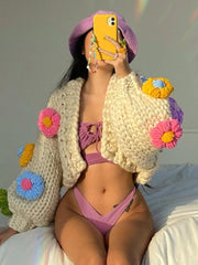 Taruxy Handmade Crochet Flower Cardigans Coats Women Sweater 2022 Autumn Lantern Sleeve Button High Street Sweet Tops Pull Mujer