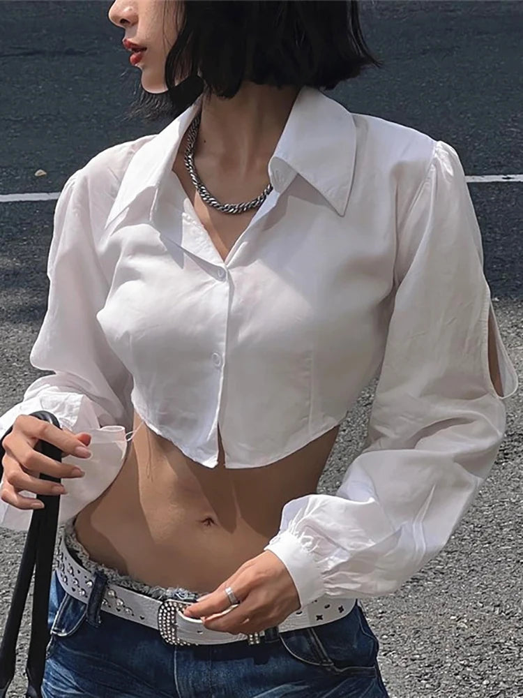 Taruxy Harajuku White T-shirts Women Blouse Autumn Long Sleeve Hollow Out Turn-down Collar Blouse Shirt High Street Y2K Tops Tee