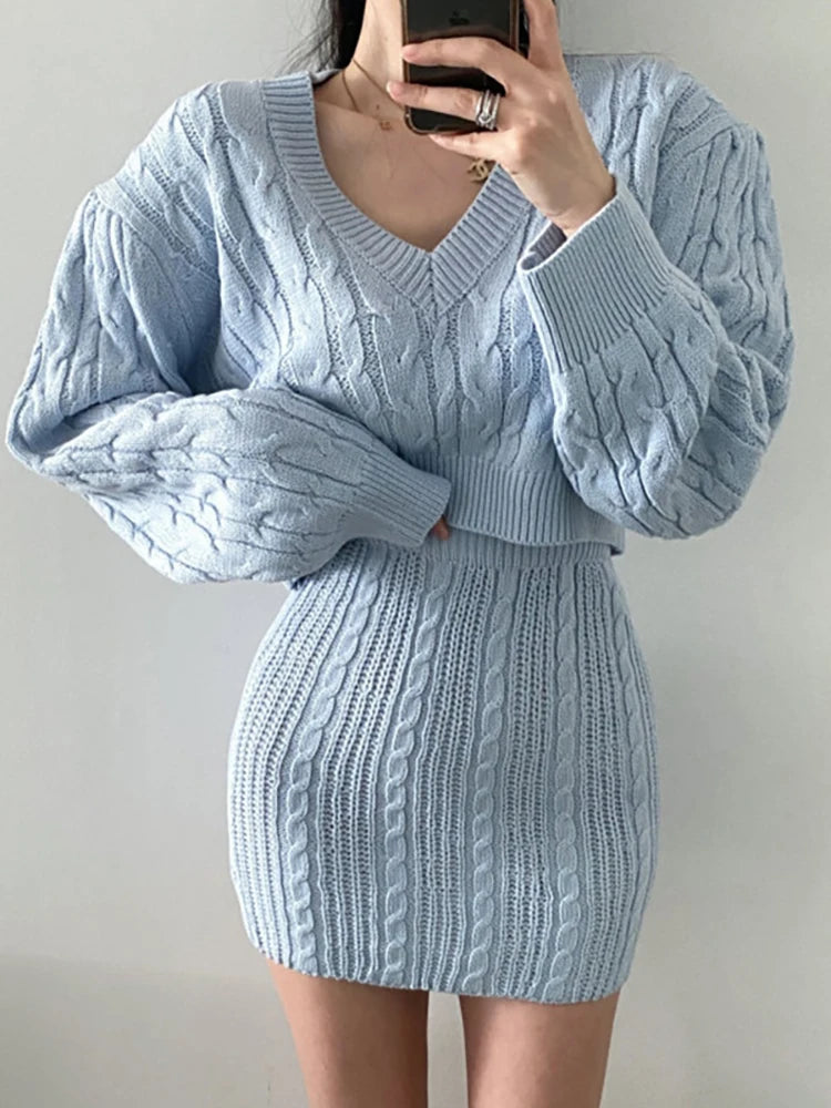 Taruxy Knit Skirt Sets Women Outfits Autumn Long Sleeve Sweaters And Mini Skirts Elegant High Waist Casual Matching Set 2022