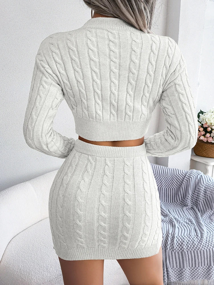 Taruxy Knitted Skirt Sets Autumn Women 2 Piece Set Long Sleeve Sweater And High Waisted Mini Skirts Elegant Ladies Matching Sets