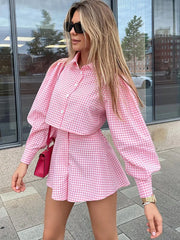 OL Outfits Womens Two Piece Set Plaid Long Sleeve Shirts High Wasit Wide Legs Shorts Elegant Korte Suits Outfits 2 Piece