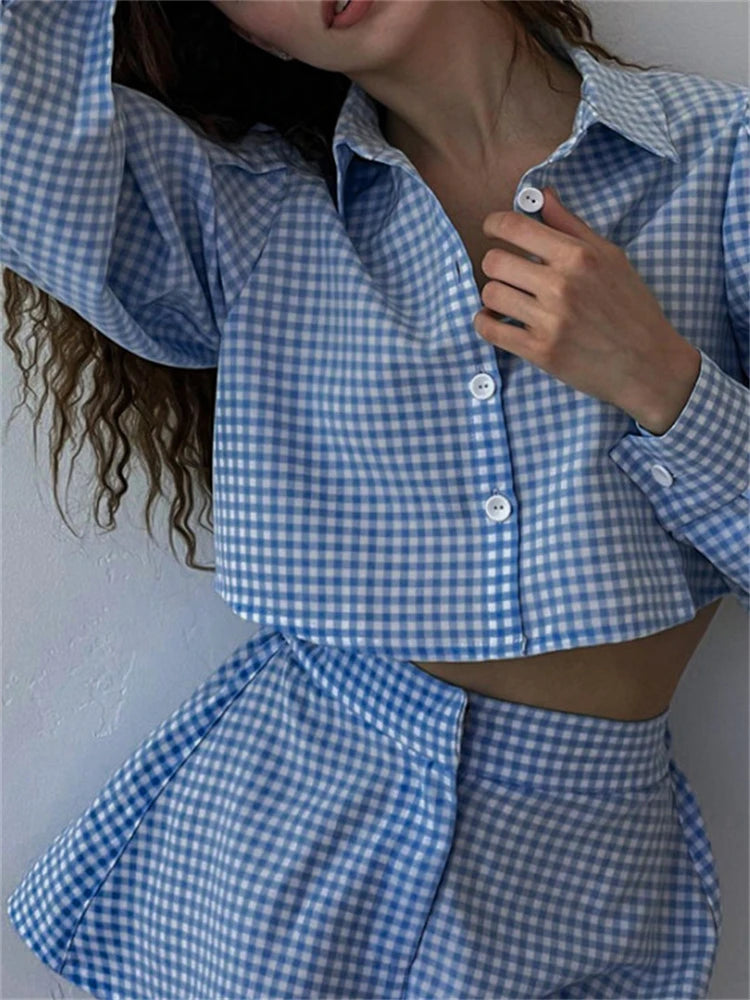 OL Outfits Womens Two Piece Set Plaid Long Sleeve Shirts High Wasit Wide Legs Shorts Elegant Korte Suits Outfits 2 Piece