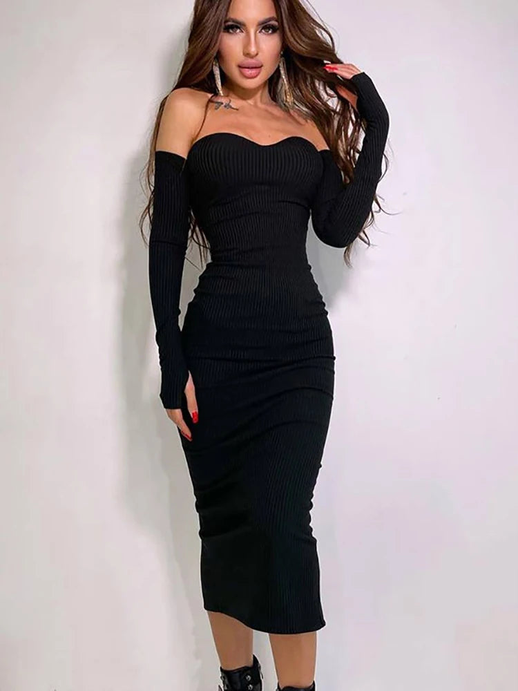 Taruxy Off Shoulder Knitted Dress Autumn Women Long Sleeve Strapless Bodycon Maxi Dresses Elegant Evening Party Vestidos Female