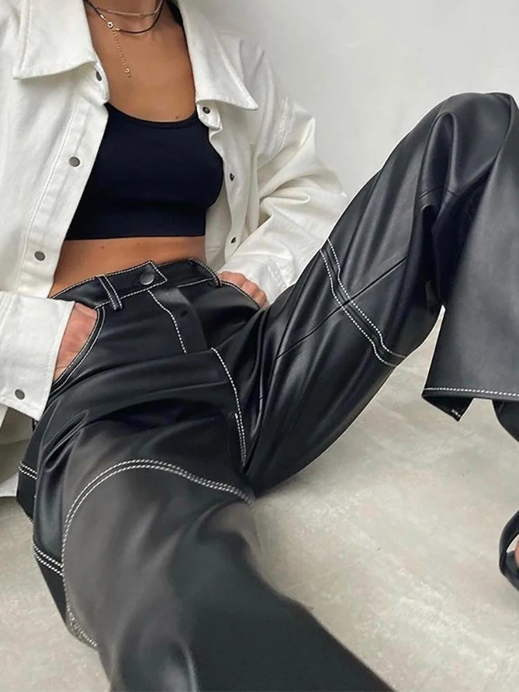 PU Leather Straight Pants Black High Waist Fashion Vintage Long Pant For Women Autumn Style 2025 Trousers Streetwear Y2K