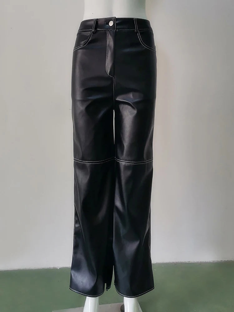 Taruxy PU Leather Straight Pants Black High Waist Fashion Vintage Long Pant For Women Autumn Style 2022 Trousers Streetwear Y2K