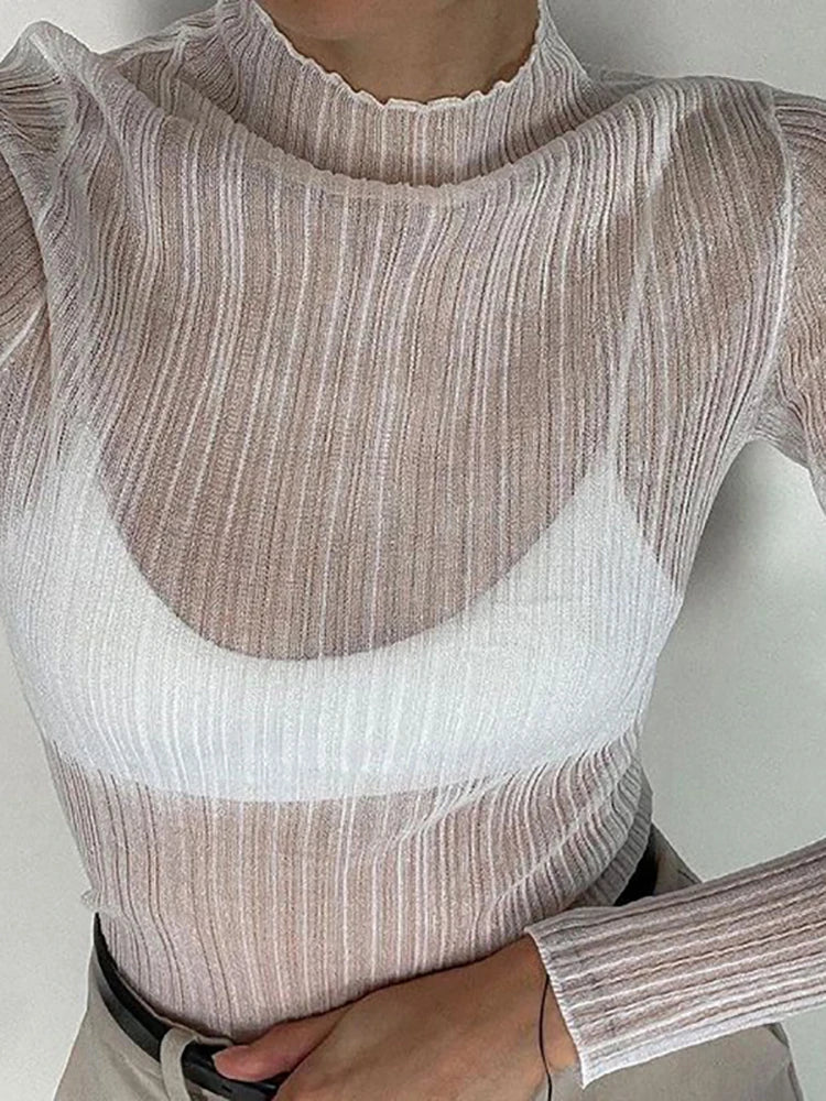 See Through Knitted T-Shirts Women 2025 Autumn White Long Sleeve Mock Neck Tops Femme Elegant High Street Slim Tops Tee