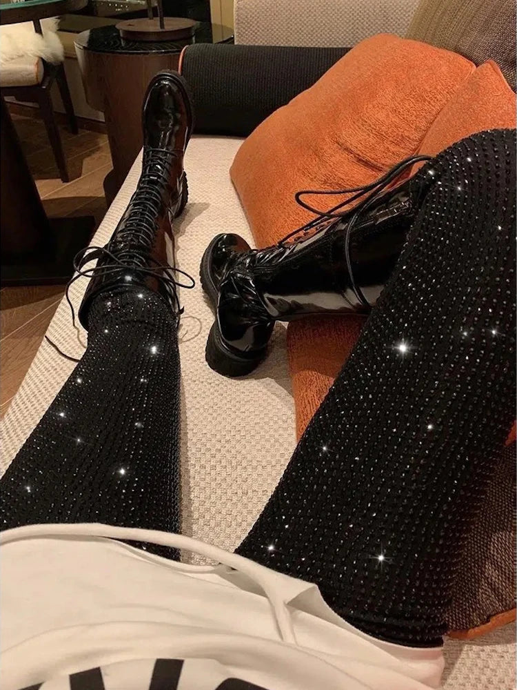 Taruxy Sparkly Crystal Pants Women Leggings Autumn Winter High Waist Elastic Bodycon Long Penci Pant Streetwear Y2K Pants Tights