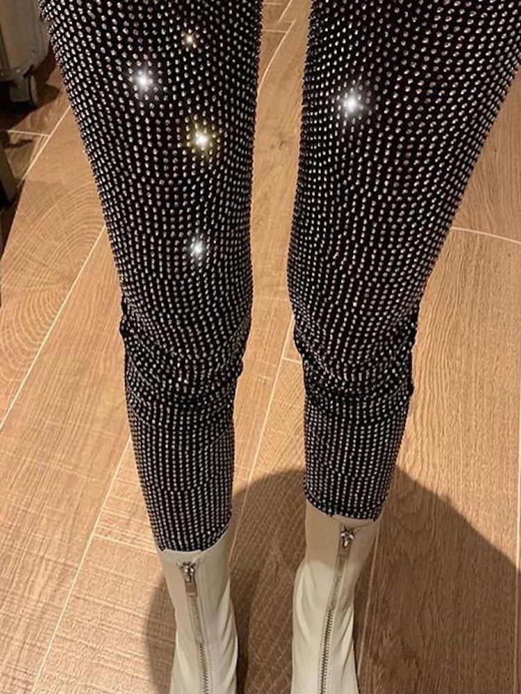 Sparkly Crystal Pants Women Leggings Autumn Winter High Waist Elastic Bodycon Long Penci Pant Streetwear Y2K Pants Tights