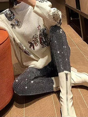 Sparkly Crystal Pants Women Leggings Autumn Winter High Waist Elastic Bodycon Long Penci Pant Streetwear Y2K Pants Tights