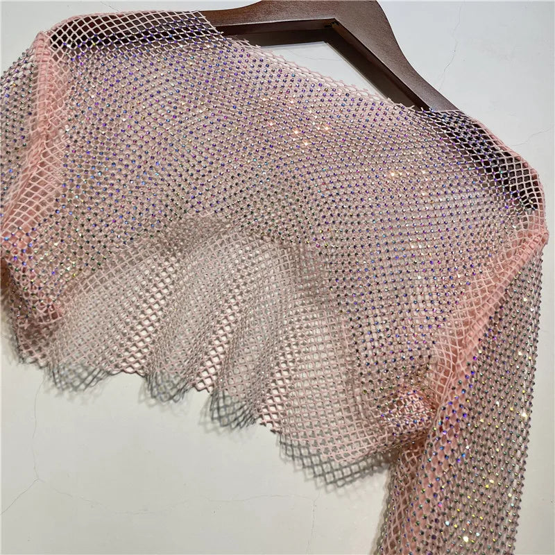 Sparkly Crystal T-shirts Women O-Neck Hollow Out Sexy See Through Tank Tops Night Partywear Crop Shirts Tee Y2K Tops 2025