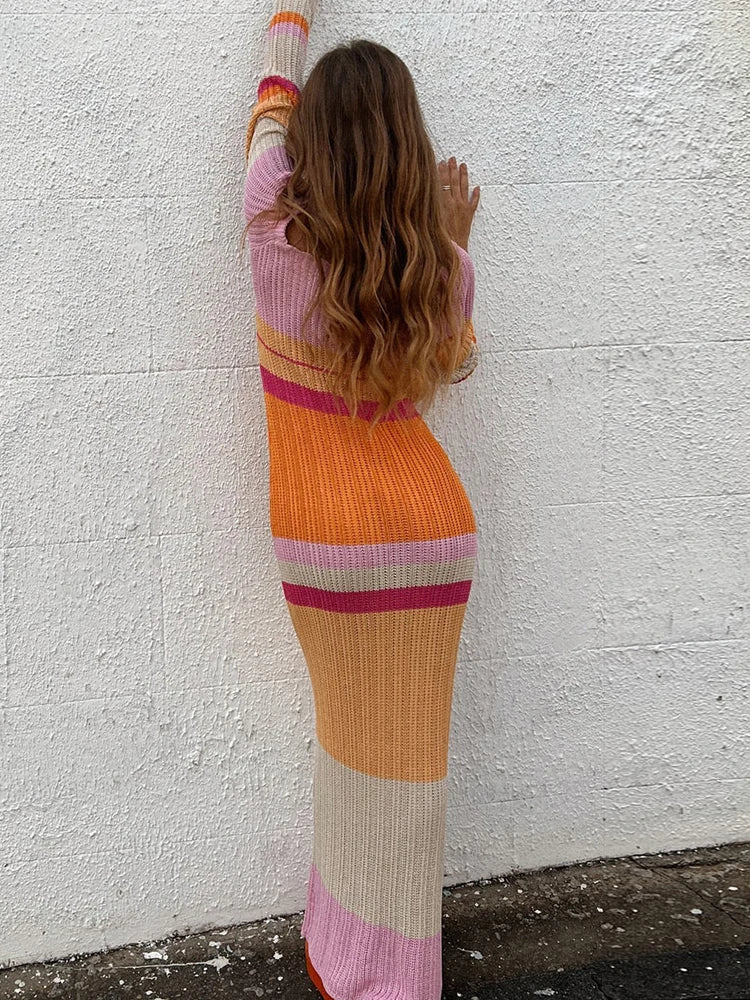 Taruxy Striped Knitted Autumn Dress 2022 Women Sexy Long Sleeve Bodycon Maxi Dresses Femme Y2K Holiday Beach Party Vestidos