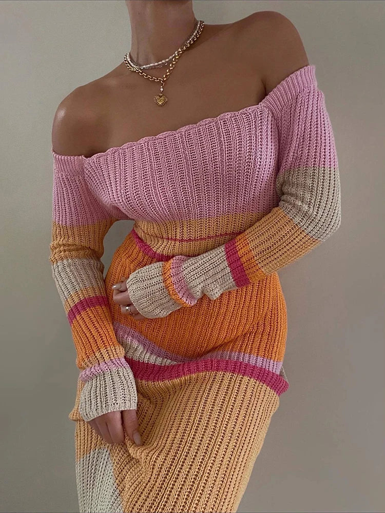 Taruxy Striped Knitted Autumn Dress 2022 Women Sexy Long Sleeve Bodycon Maxi Dresses Femme Y2K Holiday Beach Party Vestidos