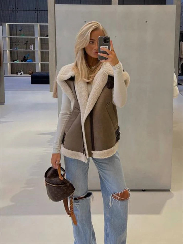 Taruxy Suede Leather Thick Fleece Jacket Autumn Winter Women Splice Sleeveless Faux Shearling Jackets Vest Y2K Cardigans Coats