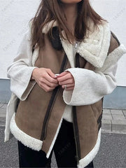 Suede Leather Thick Fleece Jacket Autumn Winter Women Splice Sleeveless Faux Shearling Jackets Vest Y2K Cardigans Coats