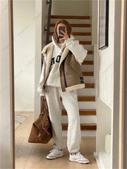 Suede Leather Thick Fleece Jacket Autumn Winter Women Splice Sleeveless Faux Shearling Jackets Vest Y2K Cardigans Coats