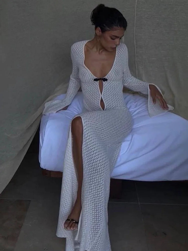 Taruxy Summer Beach Long Dress Women Long Sleeve Hollow Out Sexy Maxi Dresses Femme White V-Neck Split Floor Vestidos 2022