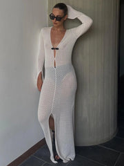 Taruxy Summer Beach Long Dress Women Long Sleeve Hollow Out Sexy Maxi Dresses Femme White V-Neck Split Floor Vestidos 2022