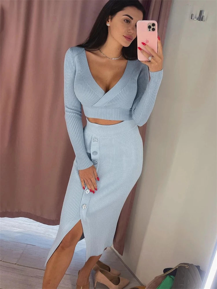 Taruxy Summer New Two Piece Set Women Outfits Casual White Crop Top And Midi Skirt Sets Wrap Bodycon Long Dress Knit Dresses Set