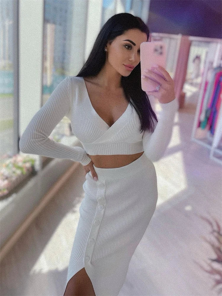 Taruxy Summer New Two Piece Set Women Outfits Casual White Crop Top And Midi Skirt Sets Wrap Bodycon Long Dress Knit Dresses Set