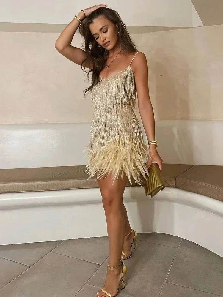 Taruxy Tassel Sequins Dress Women Elegant Feather Spaghetti Straps Mini Dresses Summer Sexy Party Club Evening Dresses Vestidos