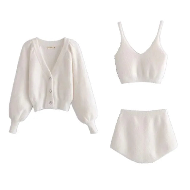 Taruxy Women Two Piece Sets Outfits White Plush Mohair Drill Button Cardigan Coats With Bra Tops And Mini Shorts Matching Sets