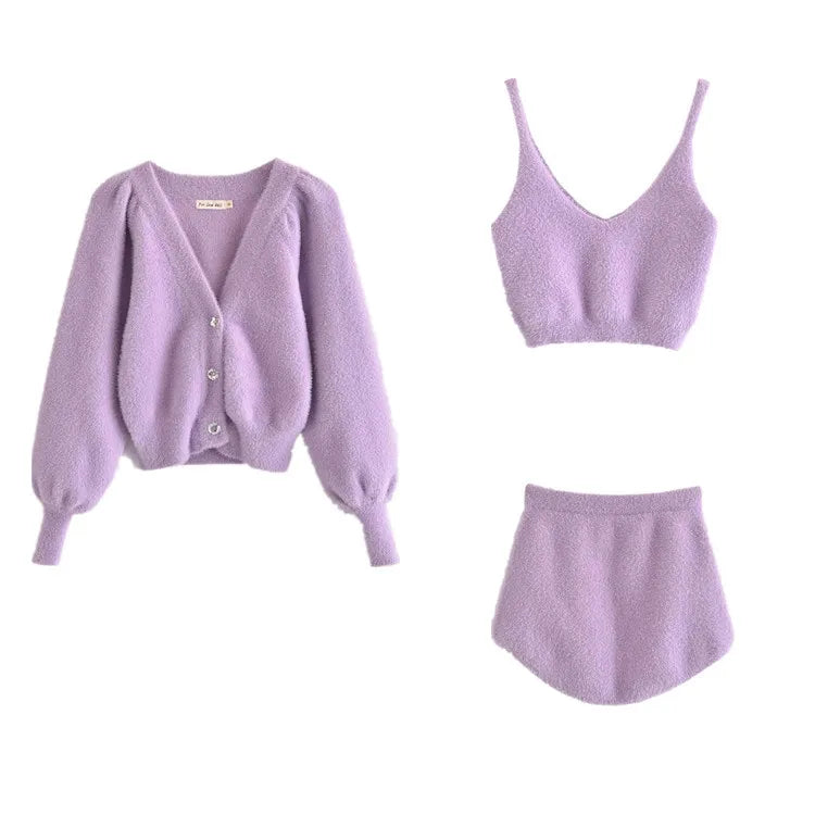 Women Two Piece Sets Outfits White Plush Mohair Drill Button Cardigan Coats With Bra Tops And Mini Shorts Matching Sets