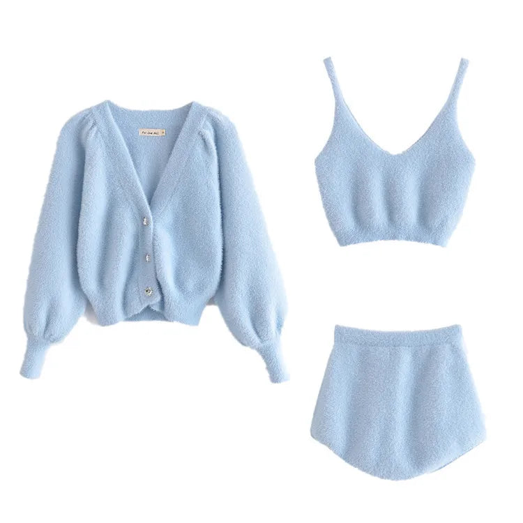 Women Two Piece Sets Outfits White Plush Mohair Drill Button Cardigan Coats With Bra Tops And Mini Shorts Matching Sets