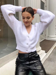 Women Two Piece Sets Outfits White Plush Mohair Drill Button Cardigan Coats With Bra Tops And Mini Shorts Matching Sets