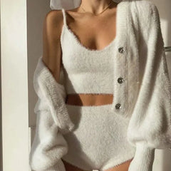 Women Two Piece Sets Outfits White Plush Mohair Drill Button Cardigan Coats With Bra Tops And Mini Shorts Matching Sets