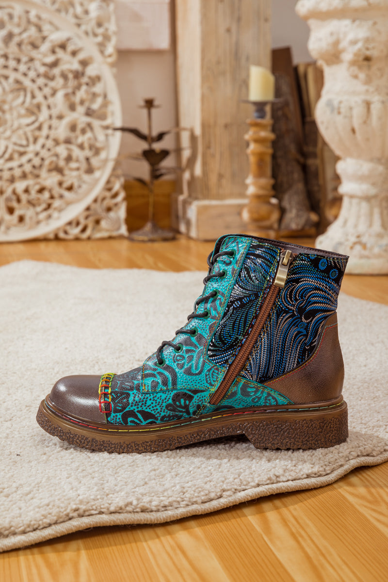 SOFFIA | PEACOCK FEATHER EMBOSSED LEATHER COMBAT BOOT