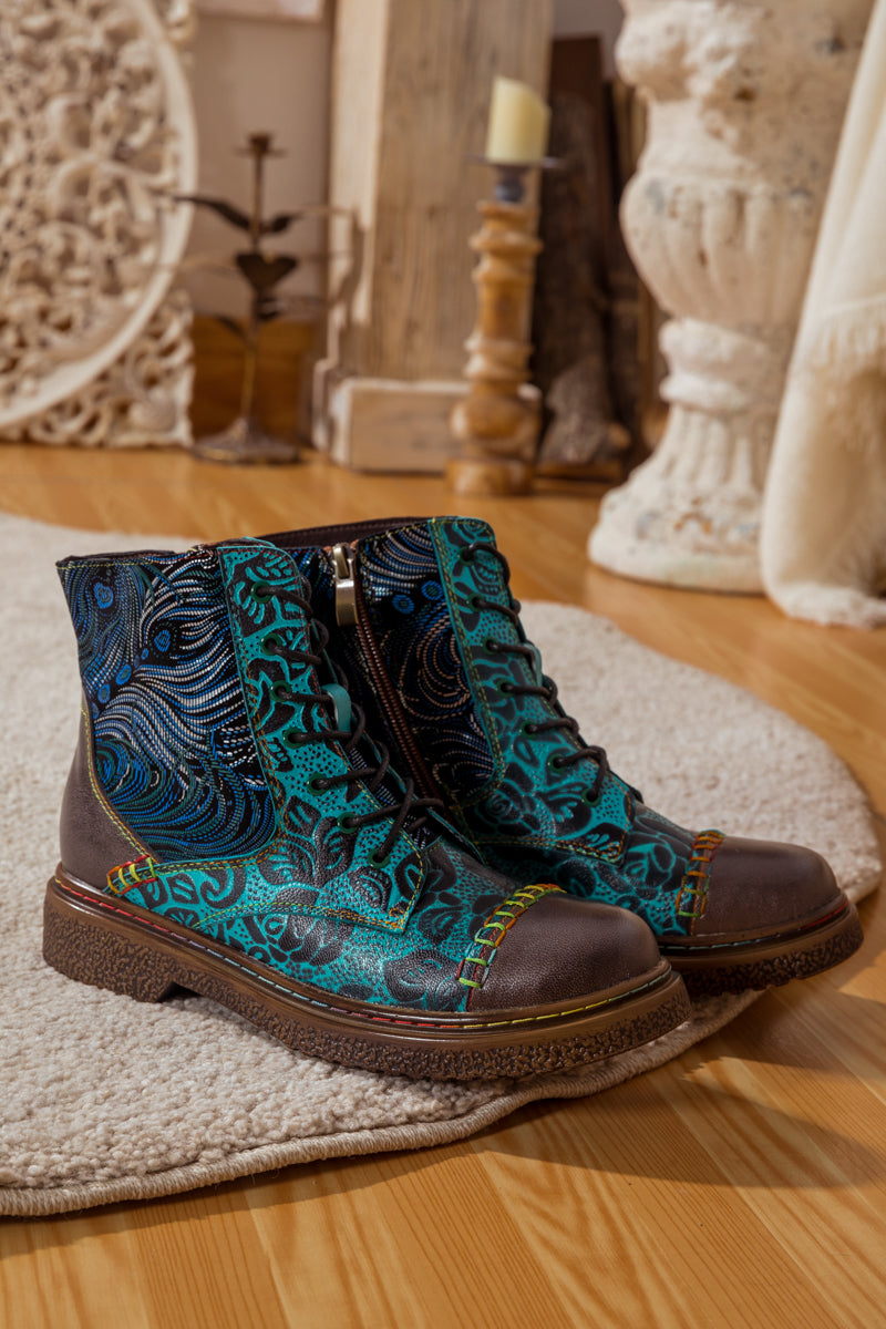 SOFFIA | PEACOCK FEATHER EMBOSSED LEATHER COMBAT BOOT