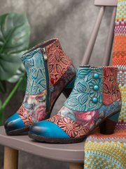 SOFFIA | Turquoise Floral Frosted Leather Ankle Boots