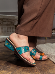 SOFFIA | Genuine Leather Pine Ring Toe Perforated Floral Sandals - Teal