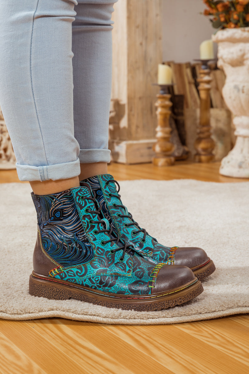 SOFFIA | PEACOCK FEATHER EMBOSSED LEATHER COMBAT BOOT