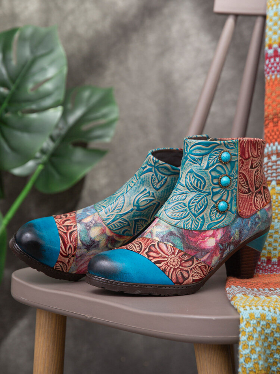 SOFFIA | Turquoise Floral Frosted Leather Ankle Boots