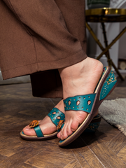 SOFFIA | Genuine Leather Pine Ring Toe Perforated Floral Sandals - Teal