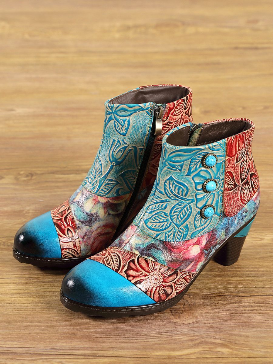 SOFFIA | Turquoise Floral Frosted Leather Ankle Boots