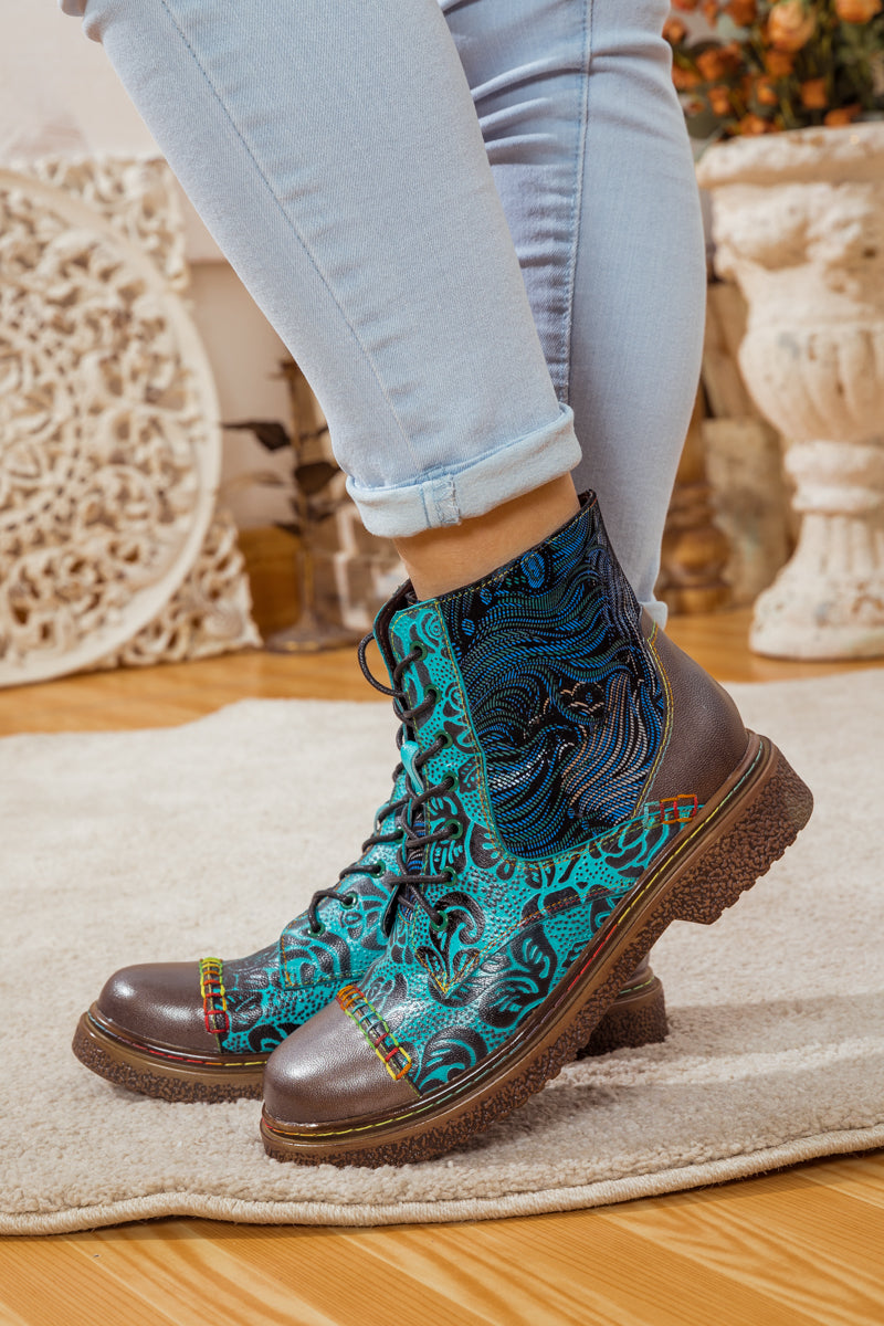 SOFFIA | PEACOCK FEATHER EMBOSSED LEATHER COMBAT BOOT