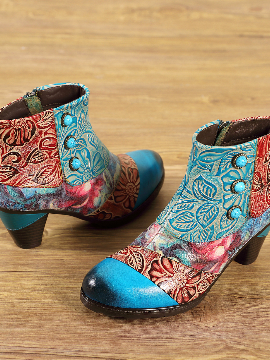 SOFFIA | Turquoise Floral Frosted Leather Ankle Boots