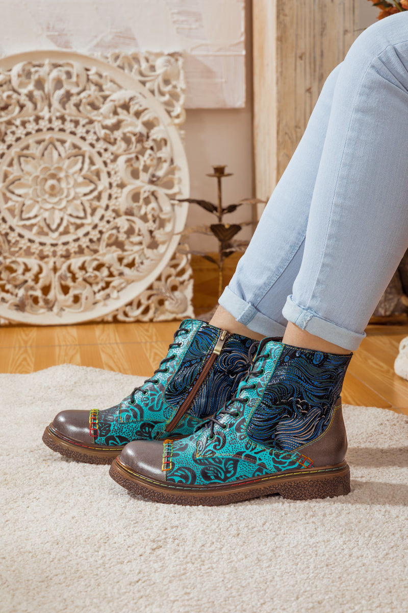 SOFFIA | PEACOCK FEATHER EMBOSSED LEATHER COMBAT BOOT