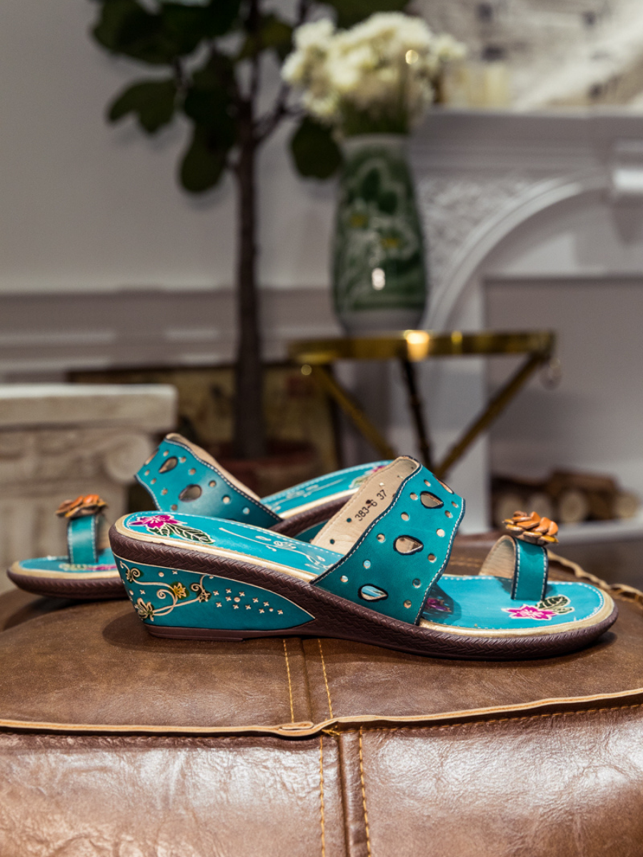 SOFFIA | Genuine Leather Pine Ring Toe Perforated Floral Sandals - Teal