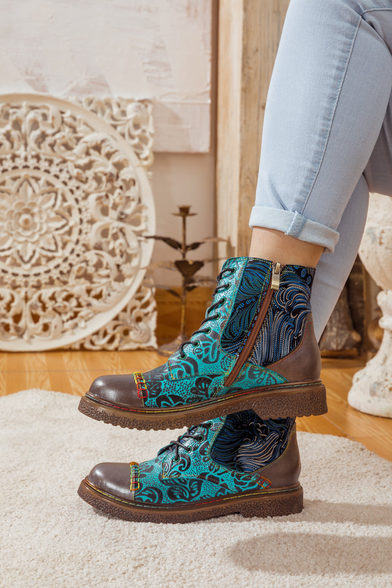 SOFFIA | PEACOCK FEATHER EMBOSSED LEATHER COMBAT BOOT