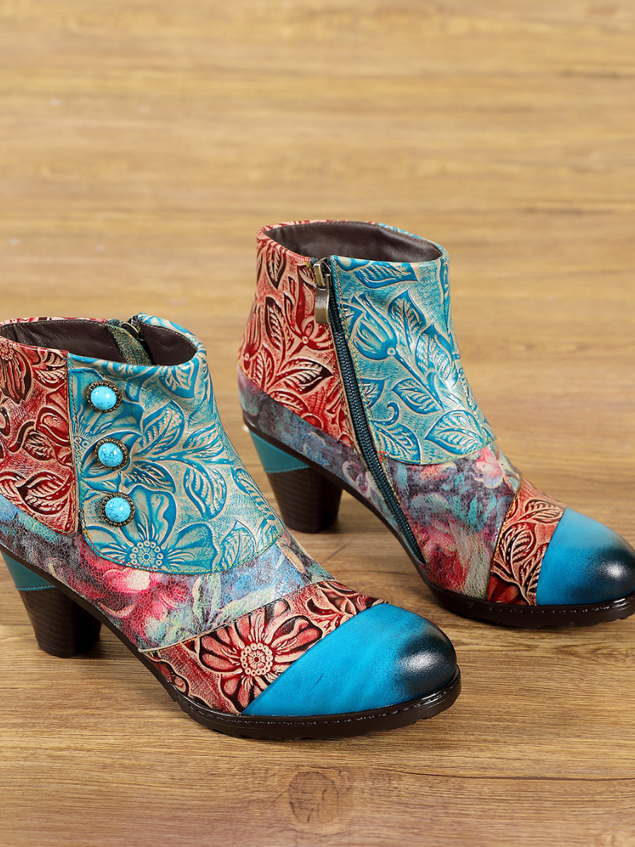 SOFFIA | Turquoise Floral Frosted Leather Ankle Boots