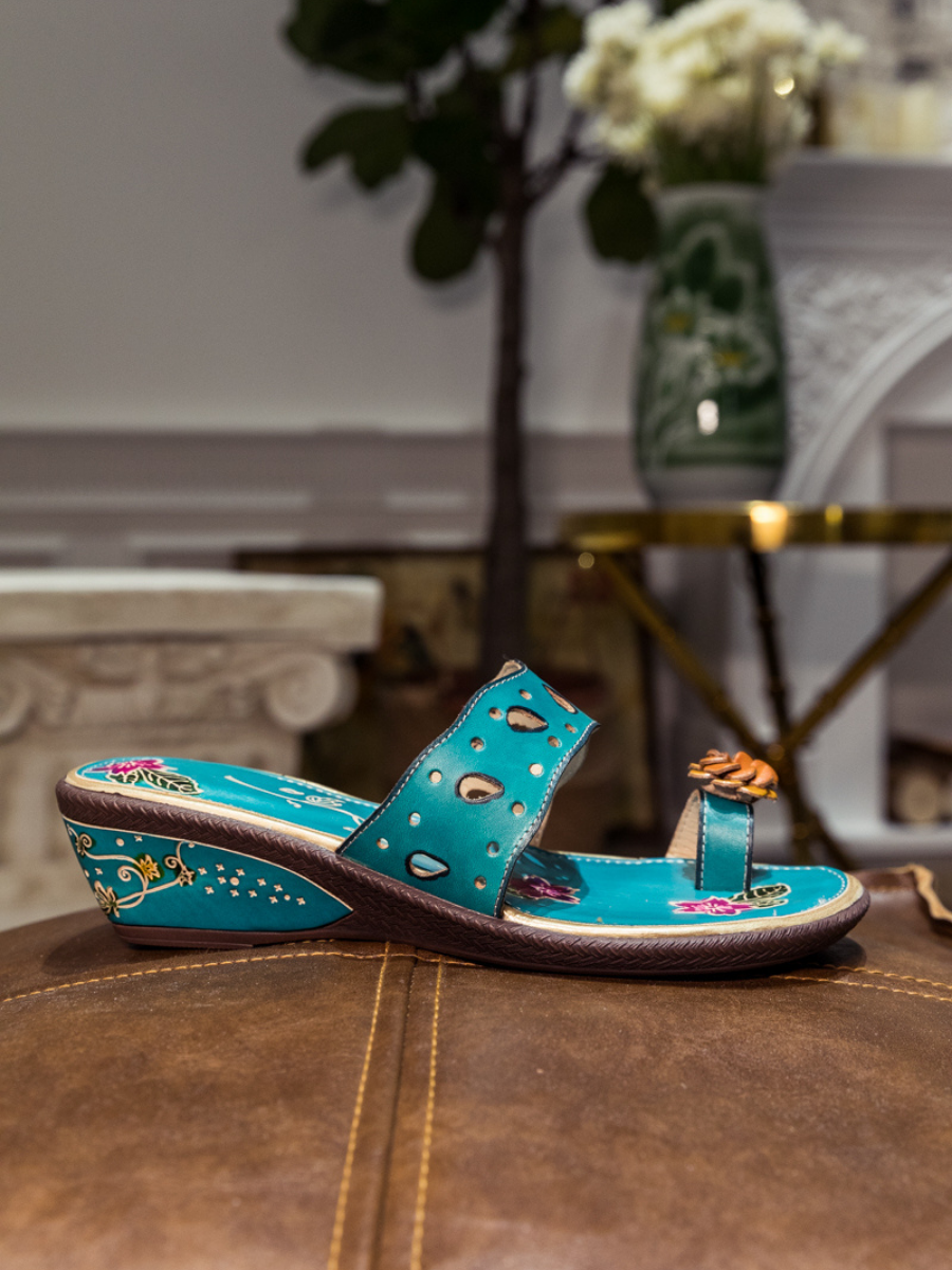 SOFFIA | Genuine Leather Pine Ring Toe Perforated Floral Sandals - Teal