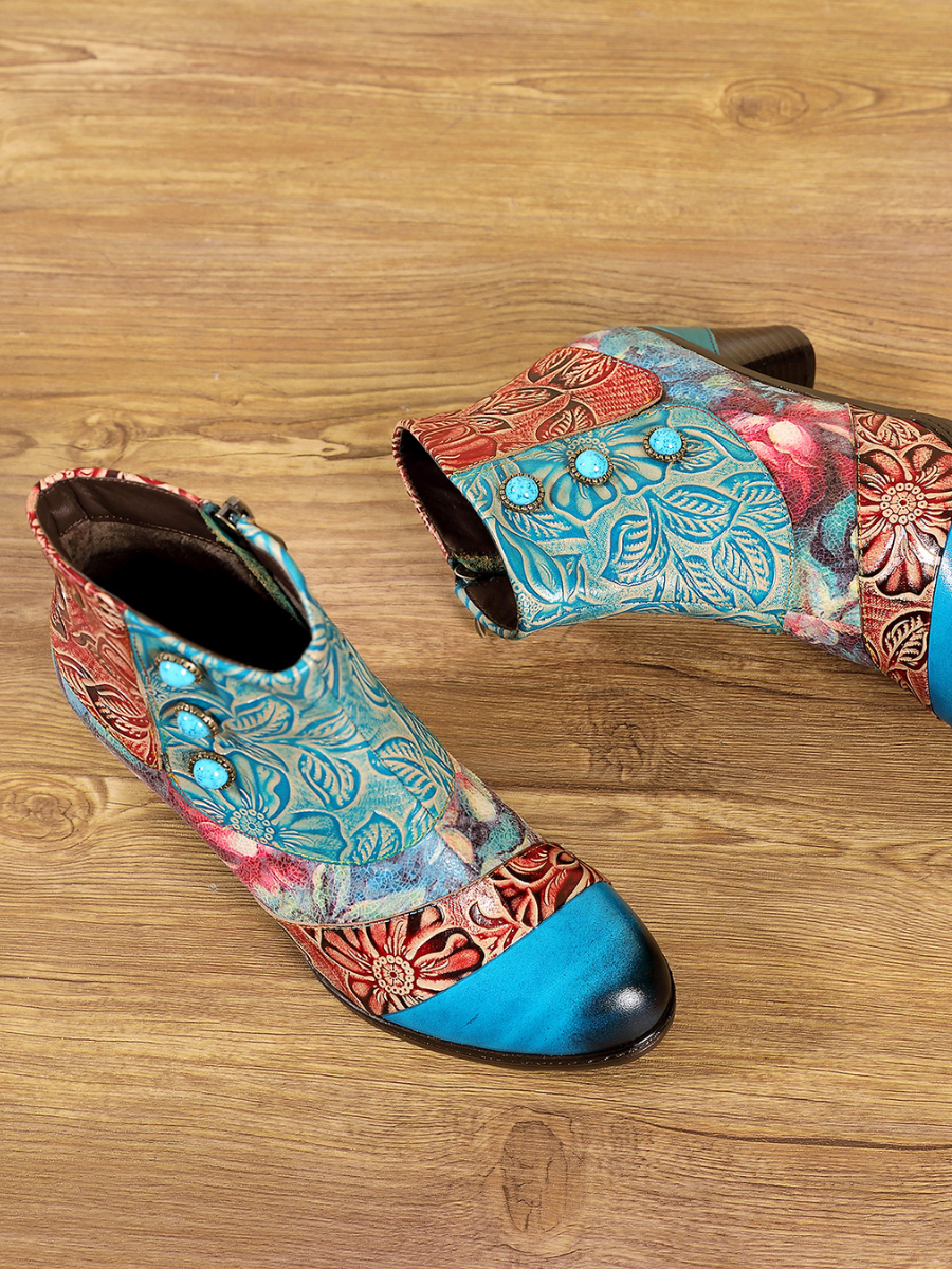 SOFFIA | Turquoise Floral Frosted Leather Ankle Boots