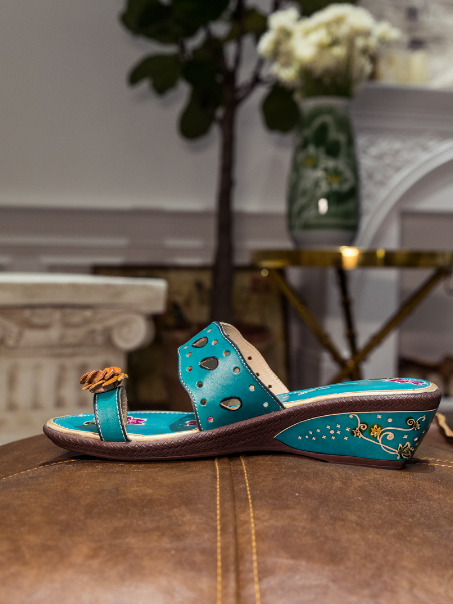 SOFFIA | Genuine Leather Pine Ring Toe Perforated Floral Sandals - Teal