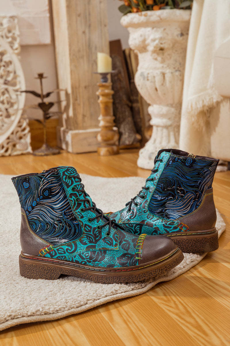 SOFFIA | PEACOCK FEATHER EMBOSSED LEATHER COMBAT BOOT